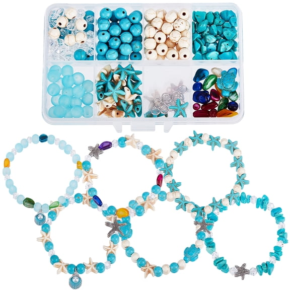 1Box DIY Gemstone Bracelet Making Kit Including Natural Shell & Glass Beads Alloy Pendants Mixed Color 7x6mm Hole: 1mm
