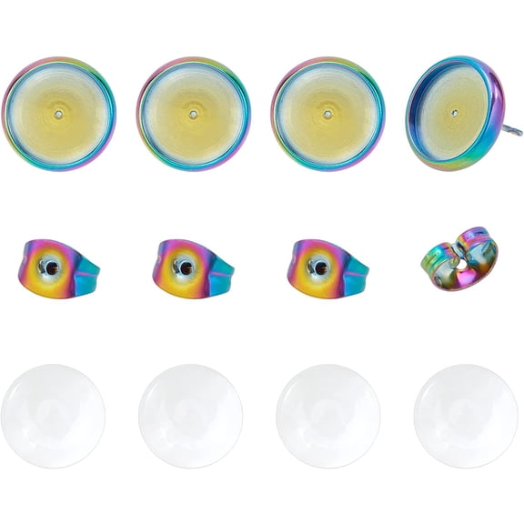 1Box DIY Half Round Stud Earrings Making Kits Including PVD Vacuum Plating 304 Stainless Steel Stud Earring Settings and Transparent Glass Cabochons Rainbow