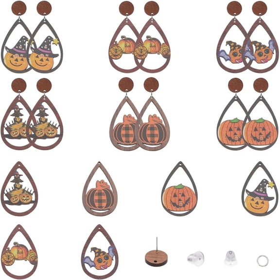 1Box DIY Halloween Teardrop with Pumpkin Wood Dangle Stud Earrings Making Kit Mixed Color 4~57.5x4~38x2.5mm Hole: 1~2mm