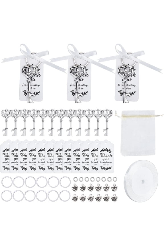 1Box DIY Heart with Word Love Beer Bottle Opener Keychain Making Kit Including Alloy & Rectangle Pendants Iron Split Key Rings Ribbon Silver