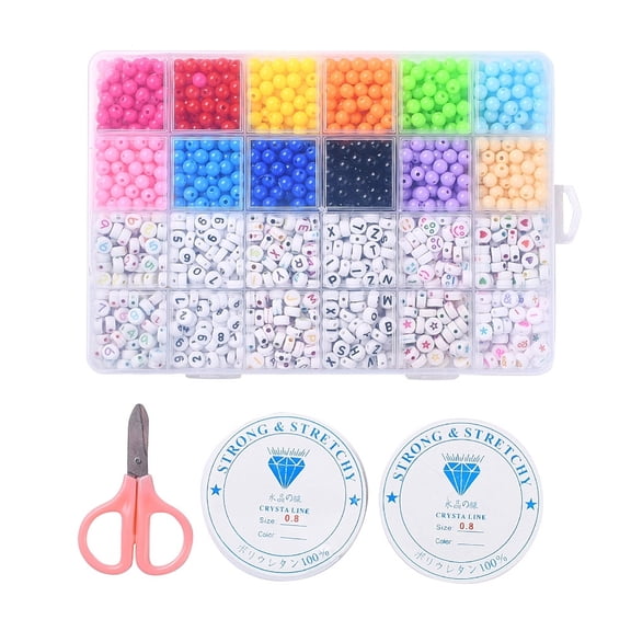 1Box DIY Jewelry Finding Kit Including Round & Flat Round Plastic & Acrylic Letter Beads Elastic Stretch Thread and Stainless Steel Scissors Mixed Color Beads: 193.6g/Box