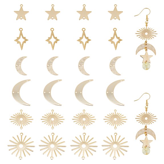 1Box DIY Jewelry Making Finding Kit Including Brass Pendant and Link Charms Sun & Moon 15~30x12.5~28x0.5~0.8mm Hole: 1.2~1.8mm 24Pcs/box