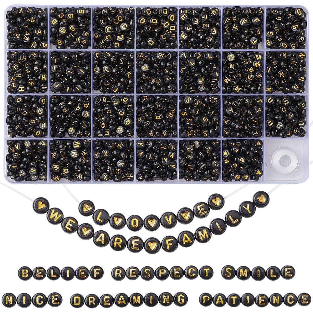1Box DIY Letter Stretch Bracelet Making Kit Including Flat Round Acrylic Beads Elastic Thread Black Beads: 7x4mm Hole: 1.5mm 1485~1620pcs/boxDIY
