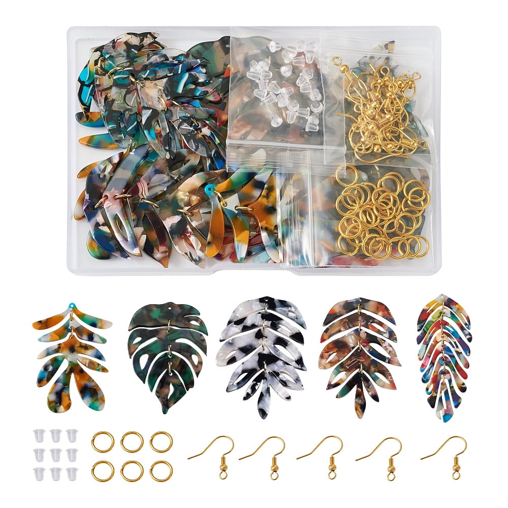 1Box DIY Monstera Leaf Dangle Earring Making Kits Including Cellulose Acetate(Resin) Pendants Brass Earring Hooks Mixed Color 90Pcs/box