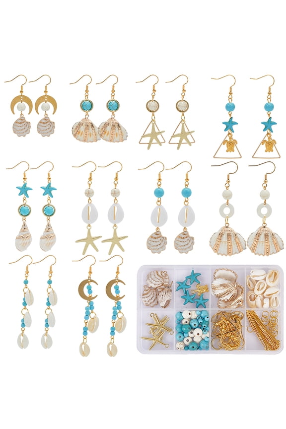 1Box DIY Natural Shell Dangle Earrings Making Kit Turquoise & Magnesite Ocean Theme Earrings Mixed Color 4~35x4~28x0.5~10mm Hole: 1~2mm