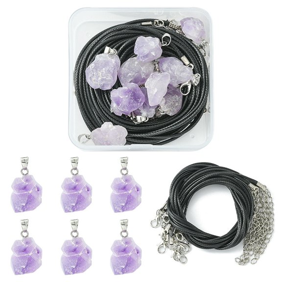 1Box DIY Necklace Making Kit Including Raw Rough Natural Amethyst Pendants Waxed Cotton Cord Necklace Making 20Pcs/box