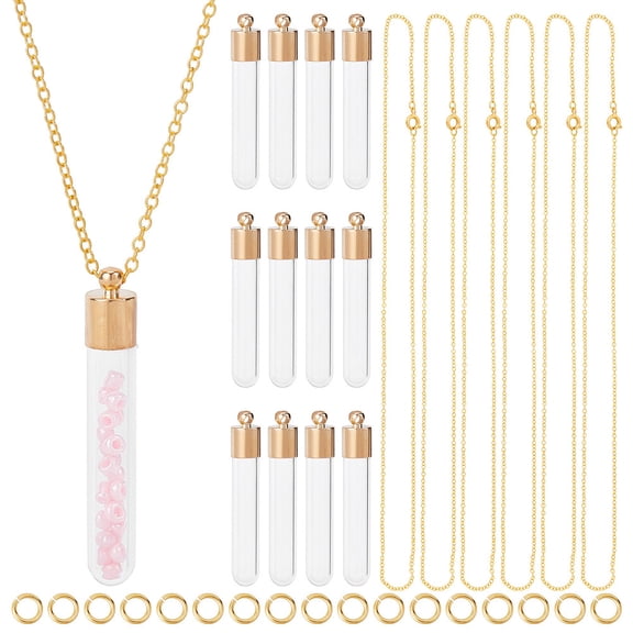 1Box DIY Perfume Bottle Necklace Making Kit Including Glass Bottle Pendant Brass Jump Ring & Chain Necklace Golden 64Pcs/box