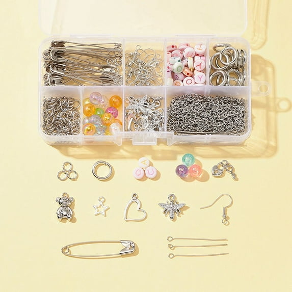 1Box DIY Safety Pin Brooch Earring Making Kit Including Iron Safety Pins & Earring Hooks Heart & Star & Bee Alloy Pendants Acrylic Letter Beads Mixed Color