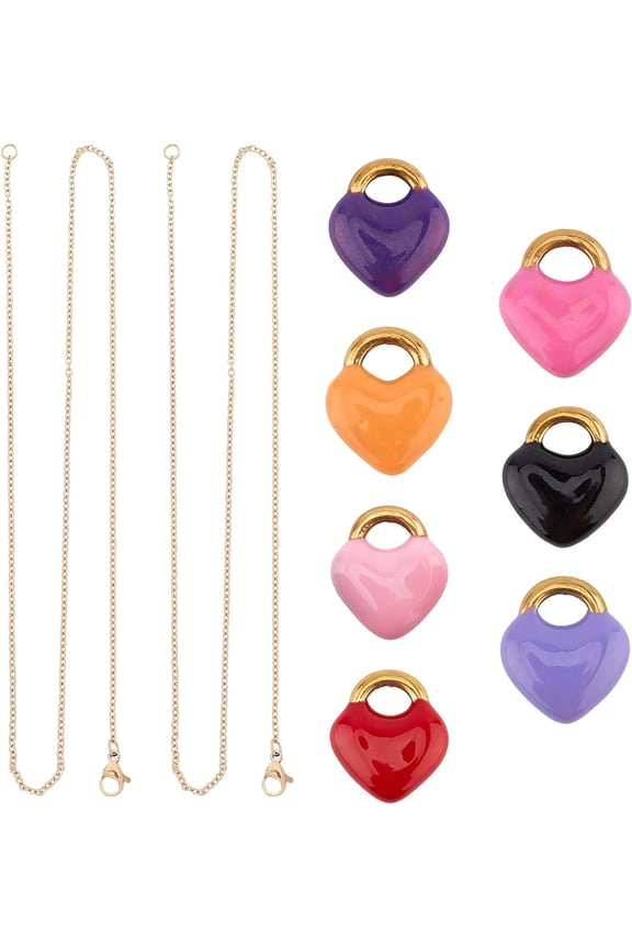1Box DIY Stainless Steel Necklace Making Kits 7pcs 7 Colors Heart Lock Charms with 7pcs 45cm Link Chain Necklaces Heart Lock Pendants Necklaces for Jewelry Making Mixed Color