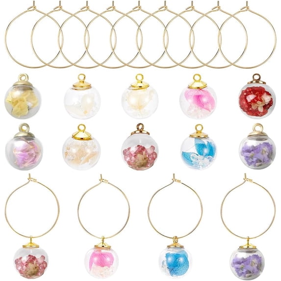 1Box DIY Wine Glass Charms Making Kits include 10Pcs 10 Colors Transparent Glass Globe Pendants and 15Pcs Brass Wine Rings Mixed Color Glass Globe Pendants: 19.5~25x0.8~16mm Hole: 2mm