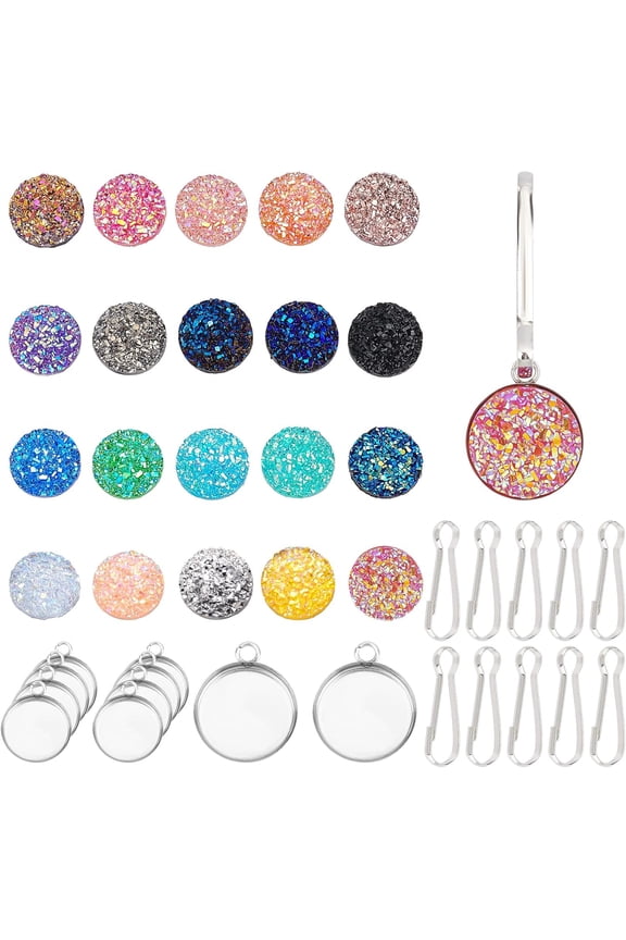 1Box DIY Zipper Pull Charms 20pcs Flat Round Zipper Pulls Charms with 20pcs Round Cabochons and 20pcs Clip Spring Snap Clasp for Jacket Purse Packbag Backpack