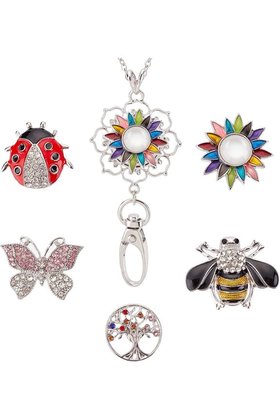 1Box ID Badge Lanyard Cute Badges Holder Women Office Rhinestone Lanyards Butterfly Tree of Life Snap Buttons Charm Breakaway Lanyards Chain Necklace