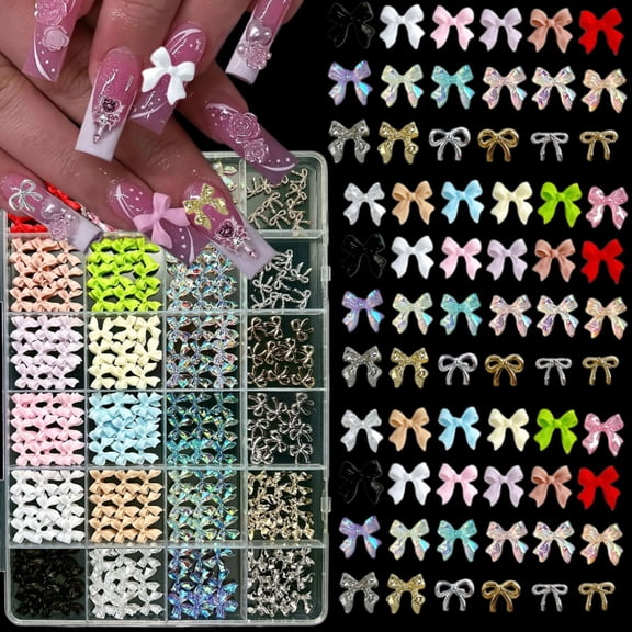 1Box Multiple Colors Gradient Minimalist Ribbon Bows Resin Nail Art Decorations 3D Exquisite Classic Alloy Lines Bowknots Nail Charms for Women DIY Nails