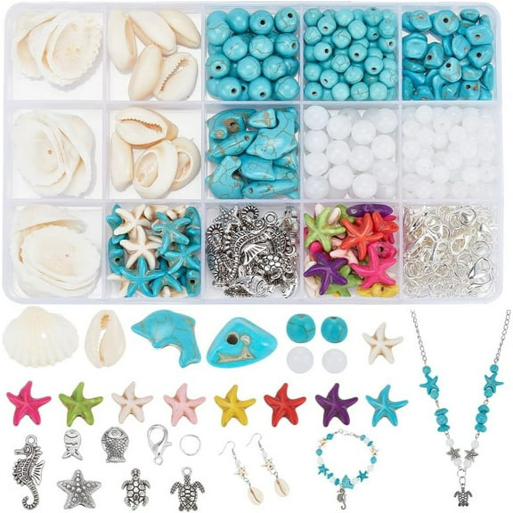 1Box Ocean Jewelry Making Kit - Starfish Seashell Synthetic Turquoise Tortoise Fish Cowrie Shell Beads for Summer Beach Necklace Earring Bracelet Anklet Jewelry Making (406pcs)