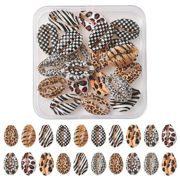 1Box Printed Natural Cowrie Shell Beads No Hole/Undrilled Tartan/Leopard Print/Zebra Pattern Mixed Color 18~22x13~14x6~8mm 20pcs/box
