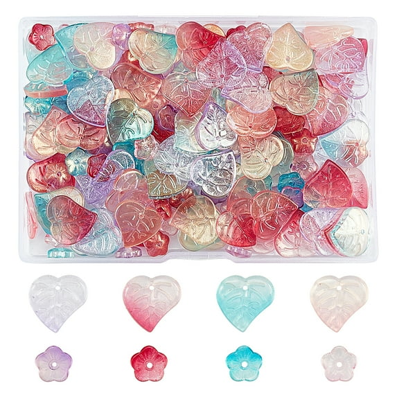 1Box Transparent Glass Beads with Glitter Gold Powder Flowers and Leaf Mixed Color 200pcs/Box