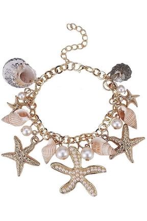 1Box Trendy Charm Bracelets with Conch CCB Plastic and Rhinestone Starfish Glass Pearl Pendants Iron Brass Findings and Cardboard Jewelry Set Boxes