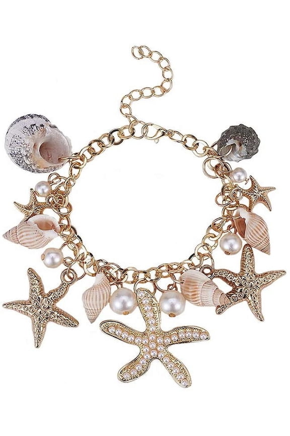 1Box Trendy Charm Bracelets with Conch CCB Plastic and Rhinestone Starfish Glass Pearl Pendants Iron Brass Findings and Cardboard Jewelry Set Boxes
