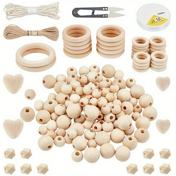 1Box Wood Hanging Wall Decorations Including Unfinished Wood Beads & Linking Rings Jute Cord Threads Folding Box and BurlyWood 30x30mm Hole: 2mm
