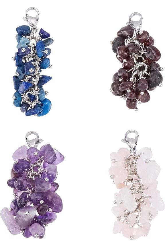 1Boxs 4Pcs 4 Style Natural Chip Gemstone Pendant Grape Shape Gemstone Pendant Keychain Quartz Healing Stones with Brass Lobster Claw Clasps for Jewelry Craft