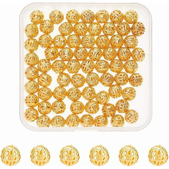 1Boxs 80Pcs Filigree Round Beads 8.5mm Brass Round Hollow Beads Metal Loose Spacer Beads for DIY Crafts Necklace Earring Bracelet Jewelry Making Hole: 1mm
