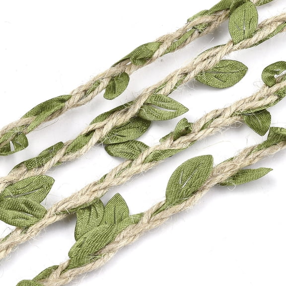 1Bundle Polyester Leaf Trim Ribbon with Hemp Twine for Wedding Party Home Decoration Olive Drab 5~6x2~2.5mm 100m/bundle