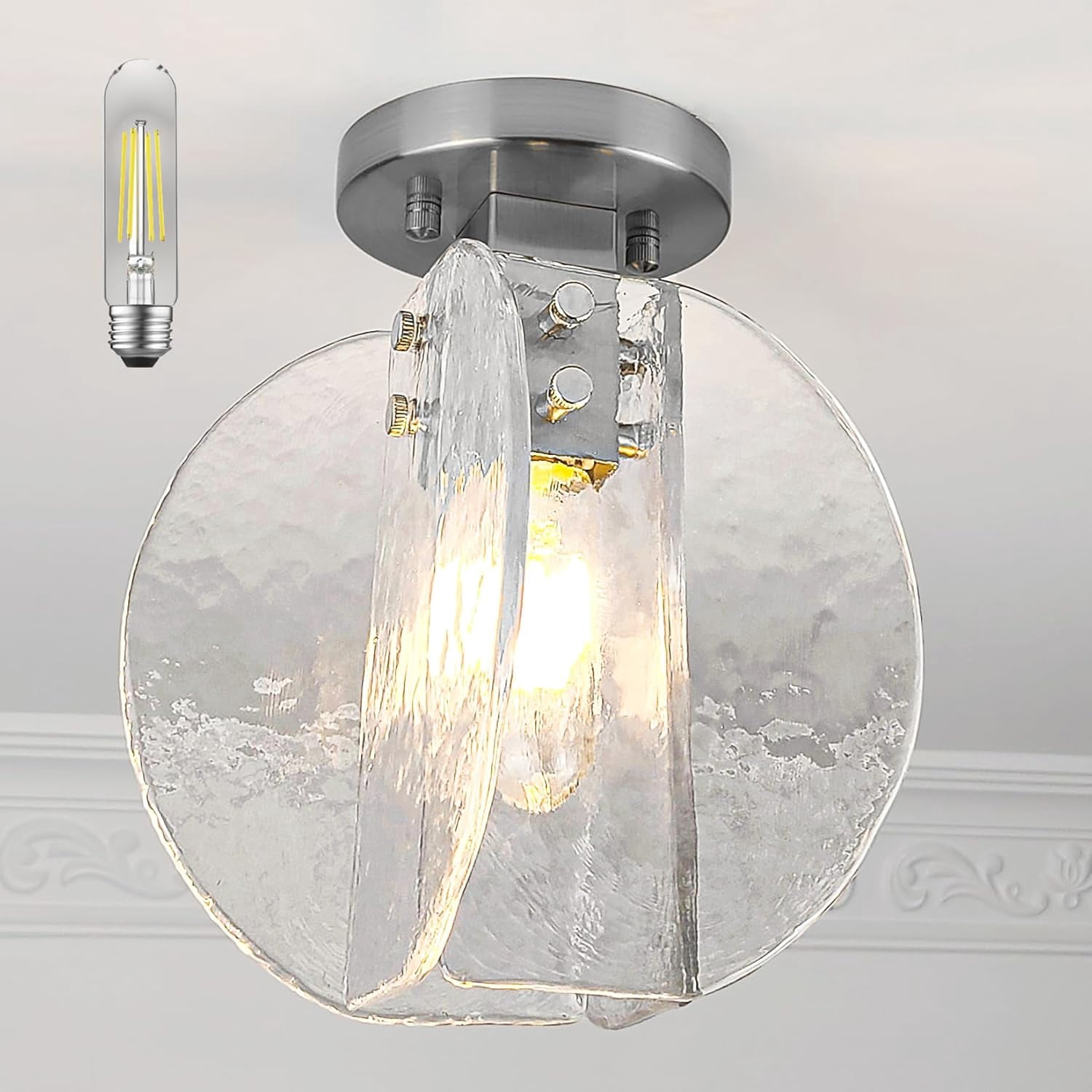 1C Modern Fusion Glass Ceiling Light Brushed Nickel Metal Semi Flush Mount Interior lighting ...