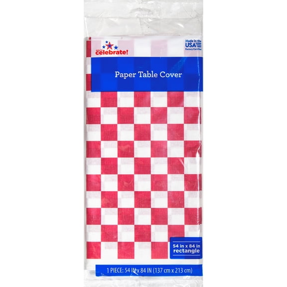 Way to Celebrate Patriotic Grill Disposable Paper Tablecloth, Red and White Checkered, 54" x 84"