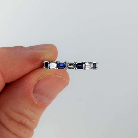1CT Baguette Cut Blue Sapphire 925 Silver Eternity Engagement Ring 14k White Gold Plated