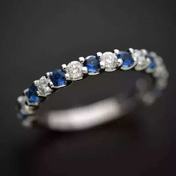 1CT Blue Sapphire 925 Silver Half Eternity Engagement Ring 14k White Gold Plated
