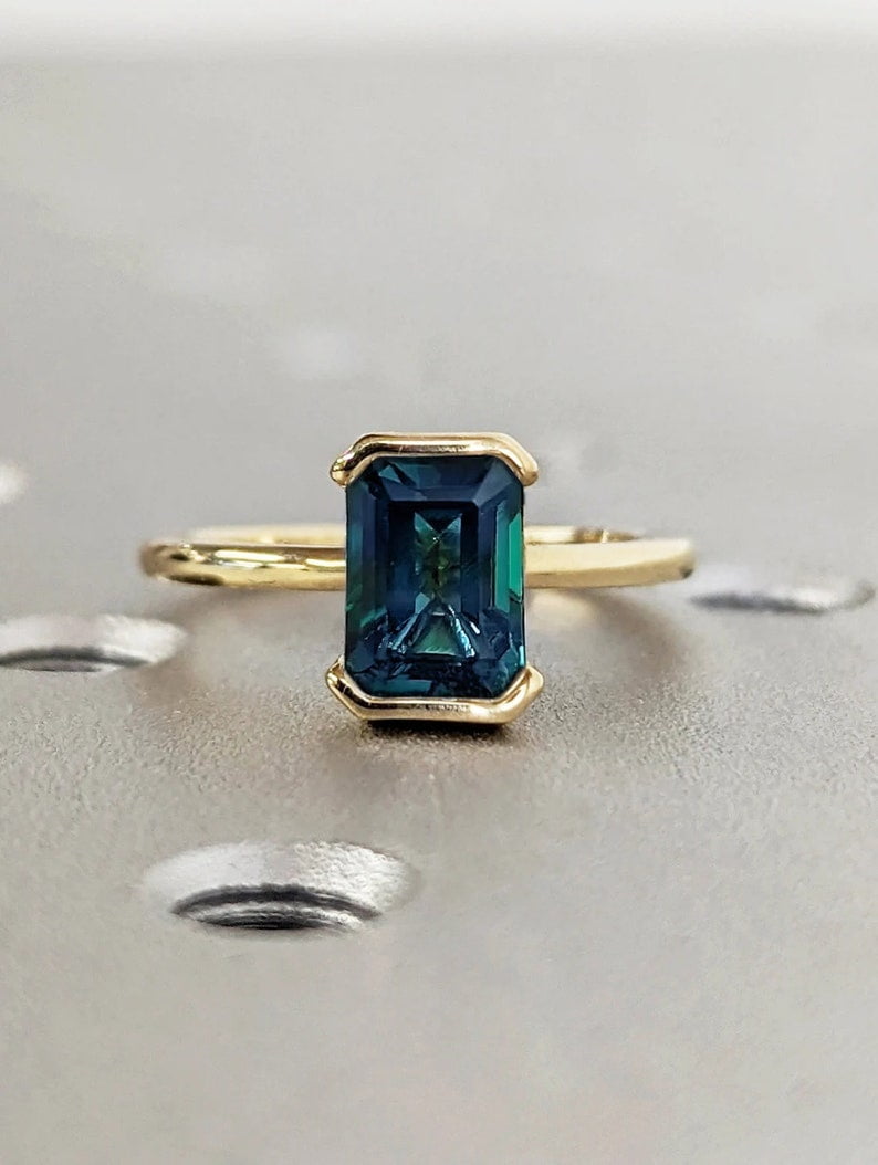 1CT Emerald Cut Teal Sapphire Engagement Ring, Floating Bezel Modern