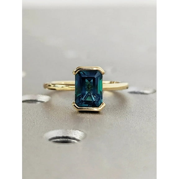 1CT Emerald Cut Teal Sapphire Engagement Ring, Floating Bezel Modern Solitaire Blue-Green Montana Sapphire Gemstone Wedding Anniversary Gift for Her