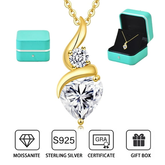 1CT Moissanite Heart Pendant Necklaces for Women D Color VVS1, 925 Sterling Silver Gold Plating Necklace，Ideal Anniversary Present or Valentine Engagements Mothers Day Jewelry Gifts for Girlfriend