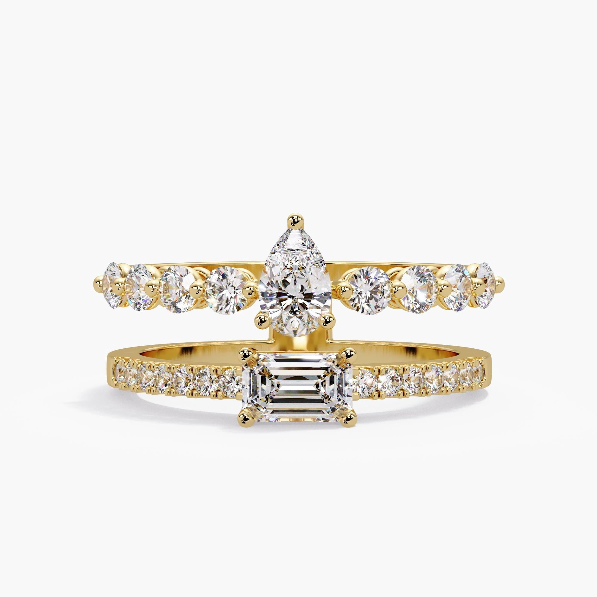 1CT Pear Emerald Lab Diamond Open Ring, 14K Yellow Gold Double Row ...
