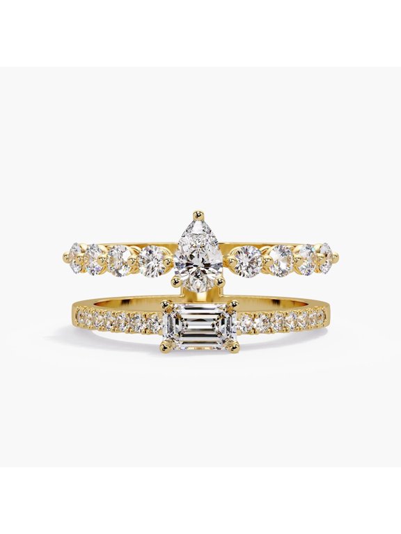1CT Pear Emerald Lab Diamond Open Ring, 14K Yellow Gold Double Row Stack Ring White Gold