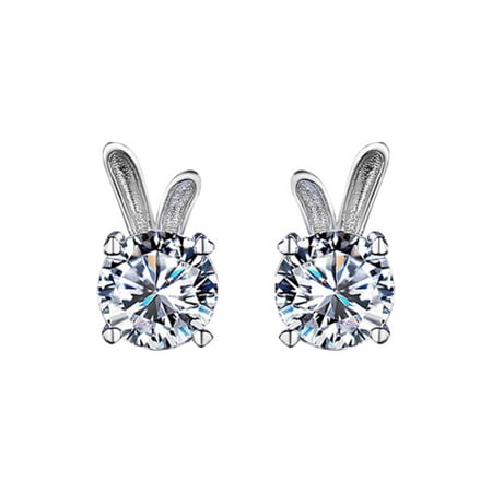 KIJ 1CT Rabbit Round Solitaire Moissanite Stud Earrings, 14K White Gold Plated 925 Sterling Silver Hypoallergenic Gra Certified for Women