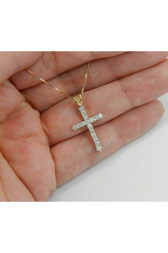 1CT Round Cut Lab Created Diamond Cross Pendant 14K Yellow Gold Plated For Women's 925 Sterling Silver