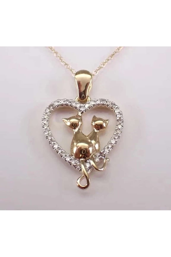 1CT Round Cut Simulated Diamond 925 Silver Cat Heart Pendant 14k Yellow Gold Plated