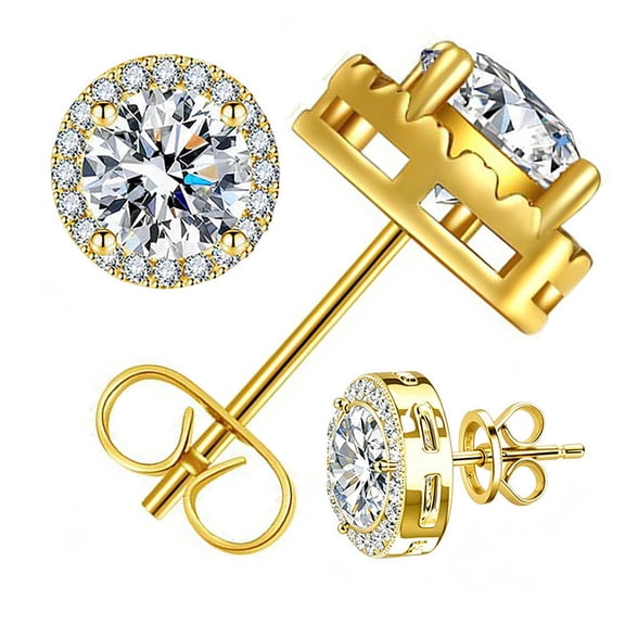 1CT Round Halo Moissanite Stud Earrings for Men Women, S925 Sterling Silver with 18K Yellow Gold Plated Hypoallergenic Piercing Jewelry