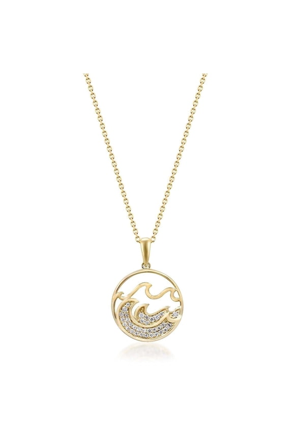 1CT Simulated Diamond 925 Silver Ocean Waves Circle Shape Pendant 14K Yellow Gold Plated