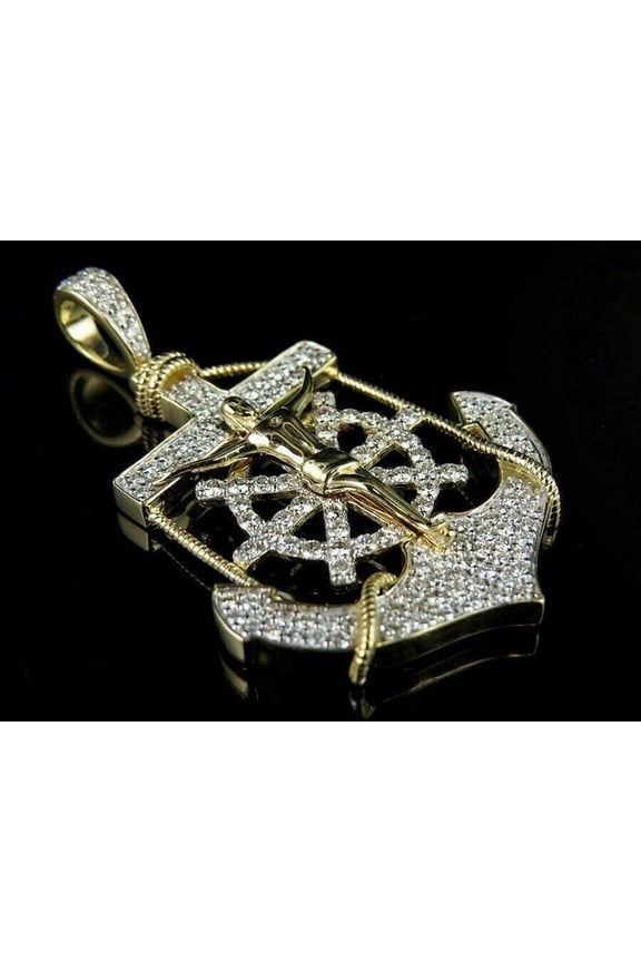 1CT Simulated Diamond Jesus Spinning Wheel Anchor Cross Pendant 14K Yellow Gold Plated