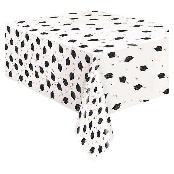 Caps and Tassels Plastic Rectangular Table Cover, Black and Gold, 54" x 84", Graduation by Way To Celebrate