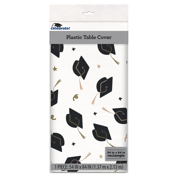 Caps and Tassels Plastic Rectangular Table Cover, Black and Gold, 54" x 84", Graduation by Way To Celebrate