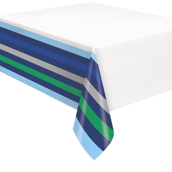 1 Count 54IN x 84IN Rectangular Green and Blue Stripe Table Cover by Way To Celebrate