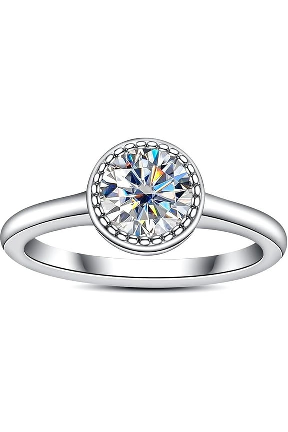 1CTTW Round Moissanite Engagement Rings | Bezel Setting, 14K White Gold Plated Sterling Silver Promise Rings