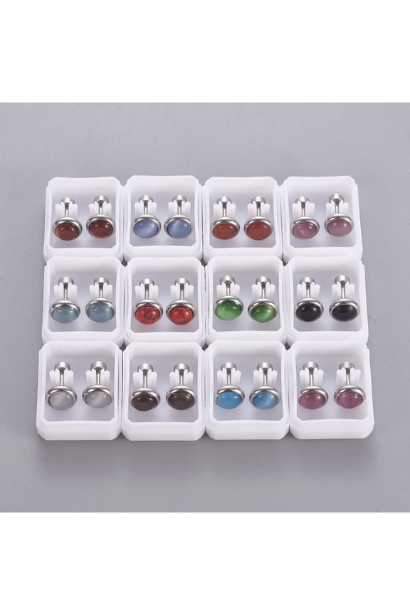1Card 304 Stainless Steel Earlobe Plugs Screw Back Earrings with Synthetic Gemstone and Cat Eye Half Round Mixed Color Stainless Steel Color 8mm Pin: 1mm 12pairs/card