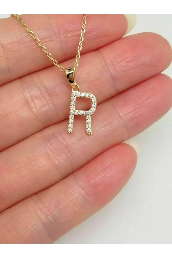 1Ct Lab-Created Diamond Alphabet Initial Letter "R" Pendant 14K Yellow Gold Plated