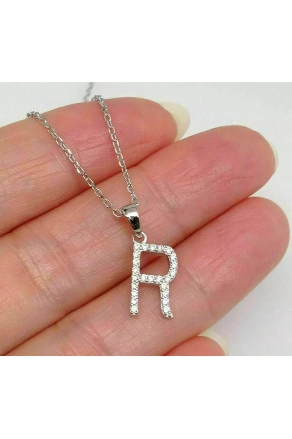 1Ct Lab-Created Diamond Initial Letter "R" Pendant 14K White Gold Plated