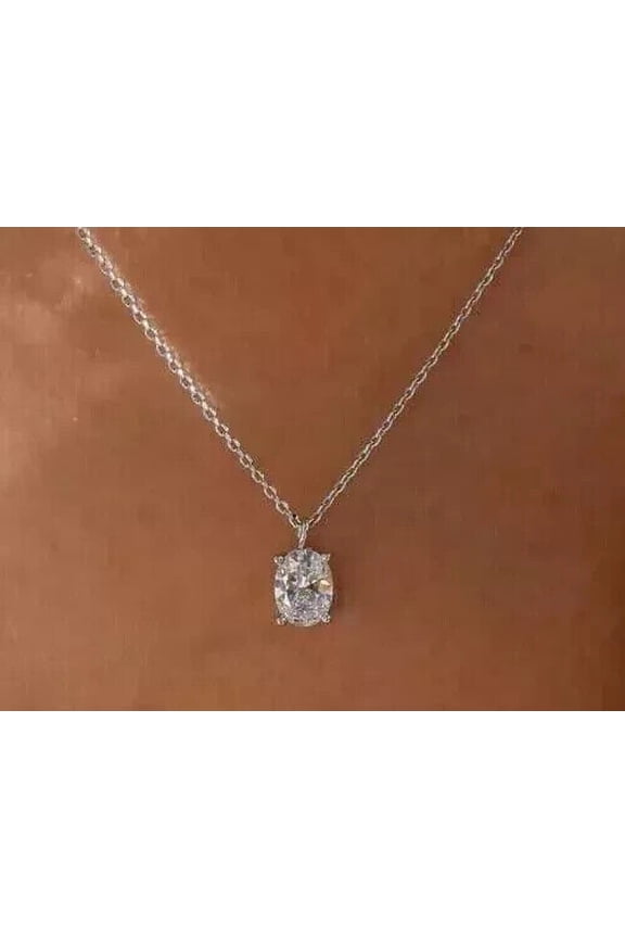 1Ct Lab Created Diamond Oval Cut Solitaire Fancy Pendant 14K White Gold Plated 18" Chain