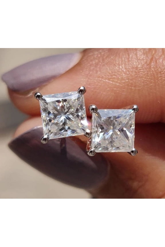 1Ct Lab Created Diamond Princess Cut Stud Earrings 14K White Gold Plated